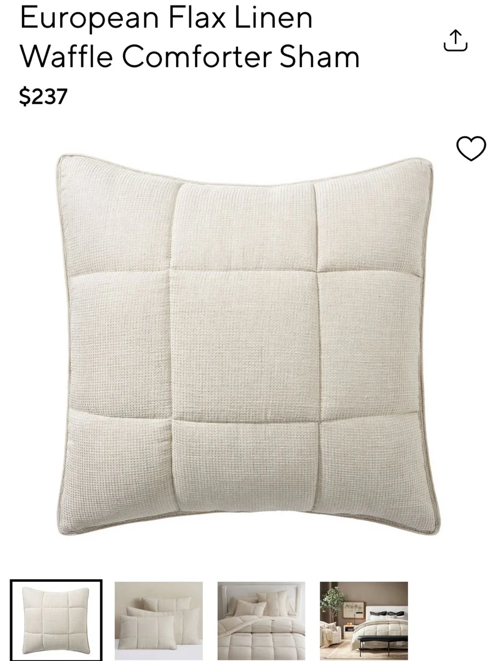 Pottery Barn European Flax Linen Waffle Comforter Sham Set of 3 {26” Square}